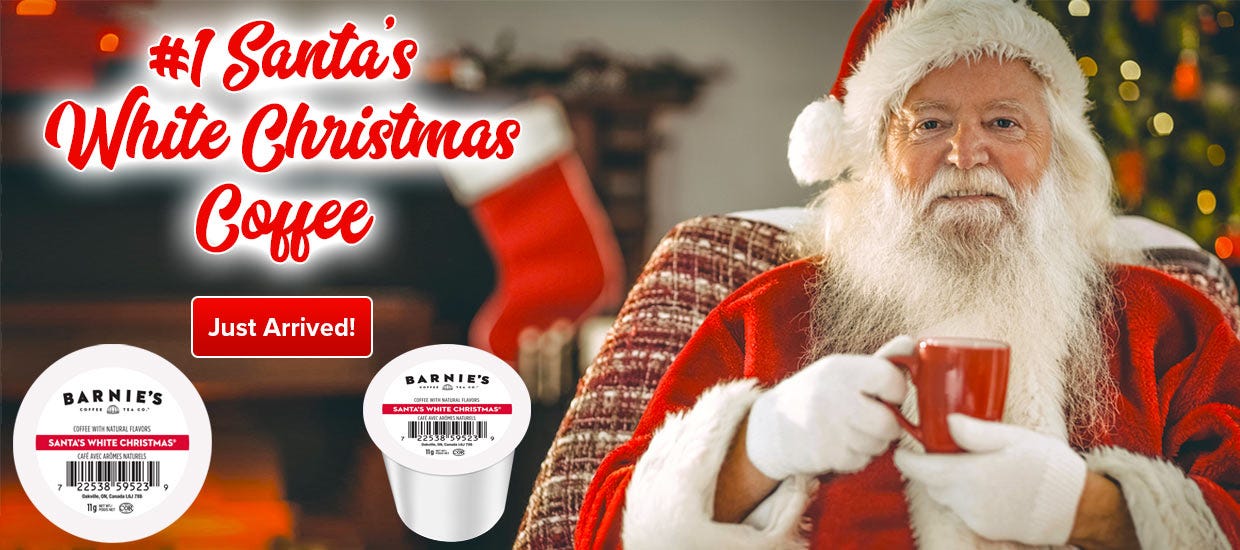 Barnie's Santa's White Christmas Coffee K-Cups are #1 year round. Single Cup Medium Roast Coffee. Caramel, Vanilla, Nuts, Coconut Flavor.