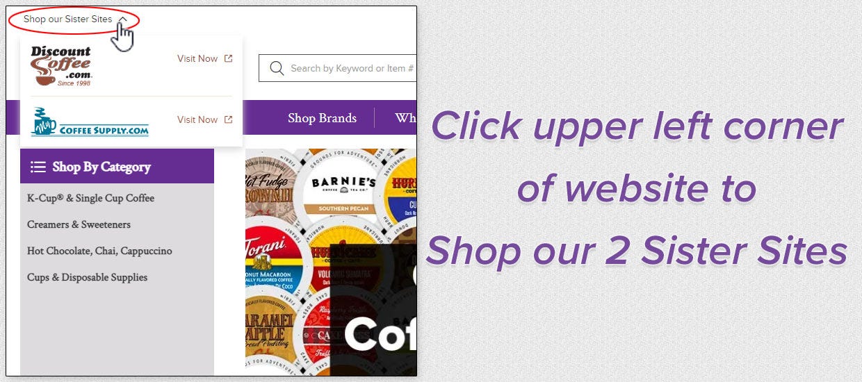 Shop Discount Coffee, My Coffee Supply Sister Sites, Starbucks, Folgers, Tea, Hot Chocolate, Cups, Sugar, Creamer, Chai