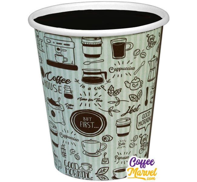 8 oz. Hot Paper Cups Print, Cafe, Coffee Shop, Beans, Coffee House, Espresso, Latte, Tea, Kettle