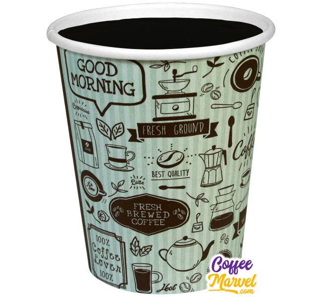 8 oz. Printed Paper Cup, Cafe, Coffee House, Latte, Espresso, Beans, Tea, Kettle