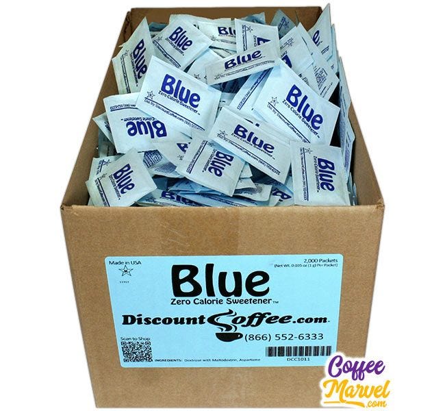 Artificial Sweetener Blue Packets Bulk Case | Compare Equal Brand, Save! 2,000 ct. Case, 500 ct. Bag, 100 ct. Bags.