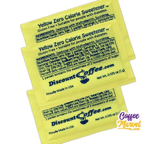 Yellow Packets Sugar Substitute Artificial Sweetener Ingredients | Suitable for People with Diabetes. Dextrose, Maltodextrin, Sucralose, Gluten Free, Kosher.